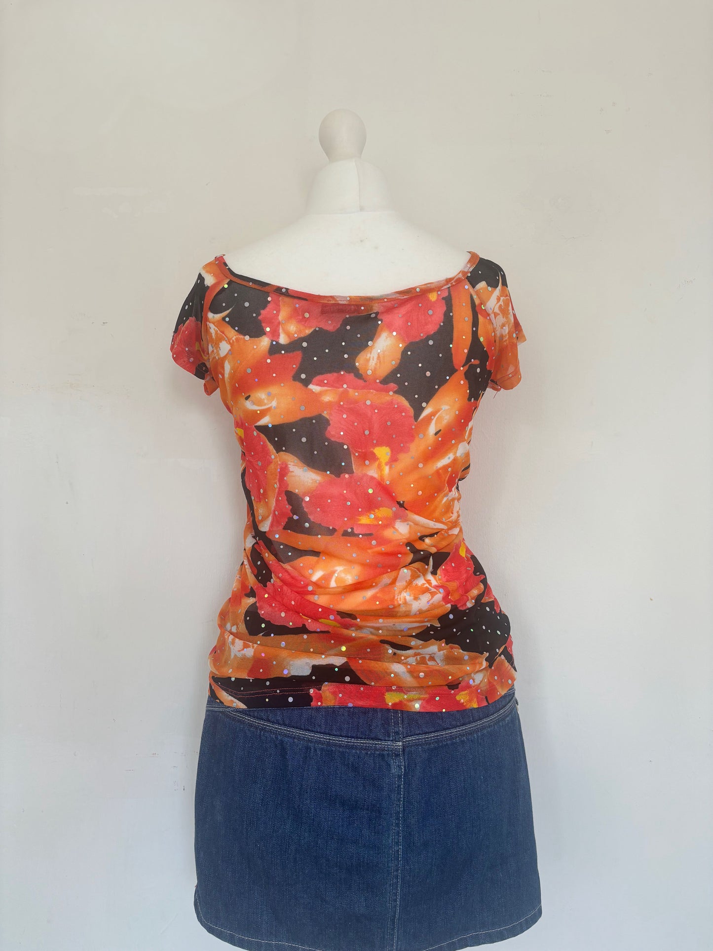 Orange Floral Sequin Top