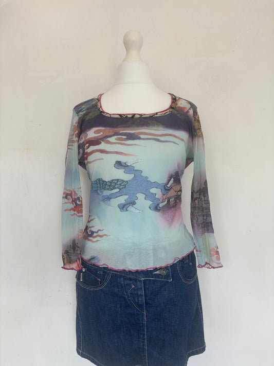 Blue Dragon Print Mesh Long Sleeve Top