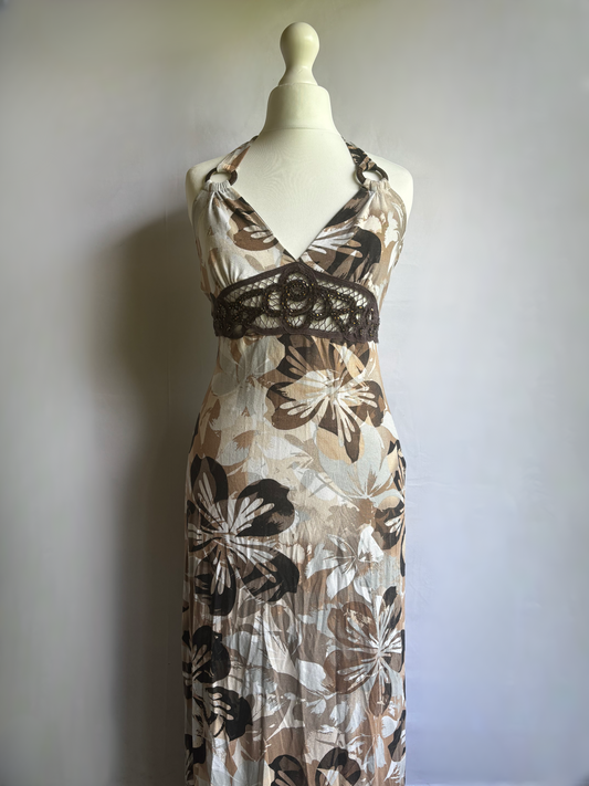 Brown Floral Halter Neck Dress