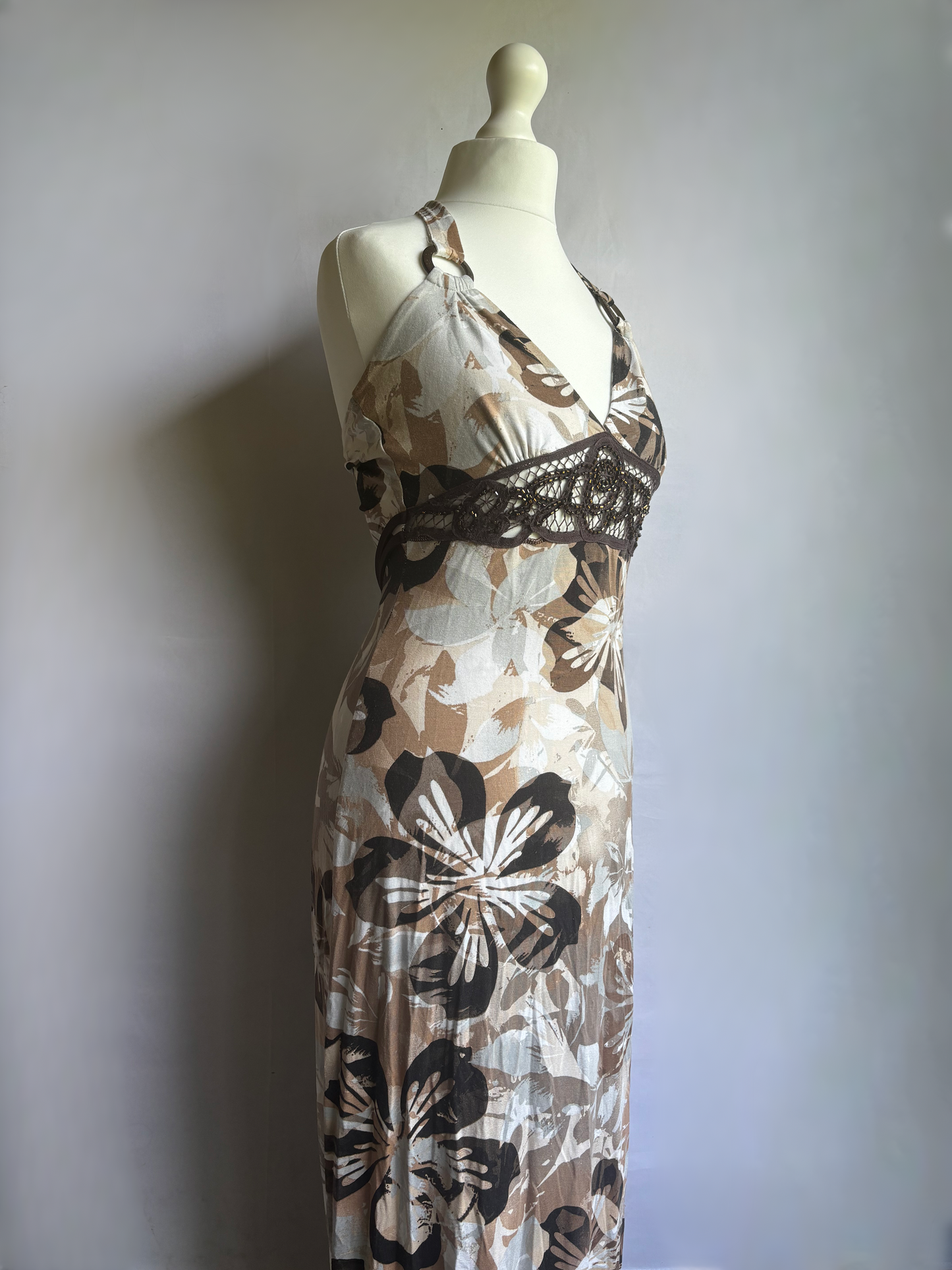 Brown Floral Halter Neck Dress