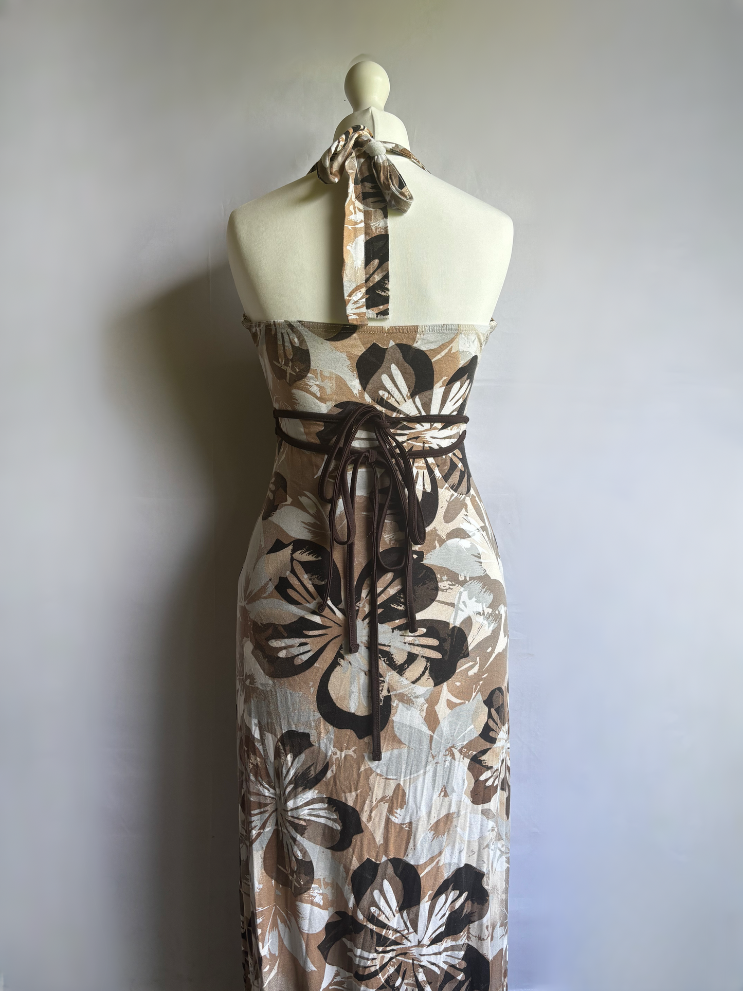 Brown Floral Halter Neck Dress