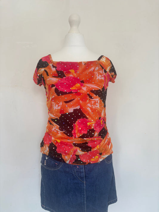 Orange Floral Sequin Top