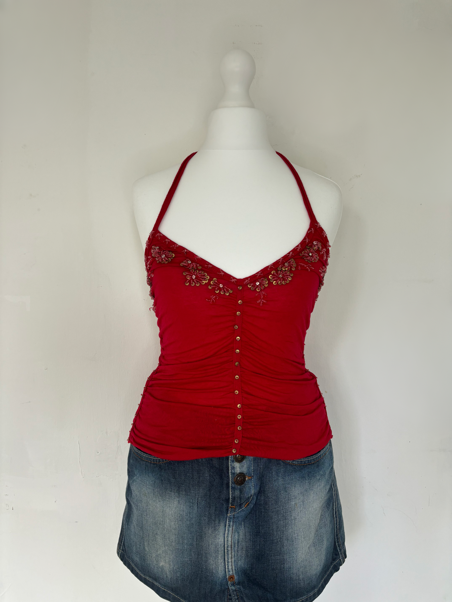 Red Beaded Halter Neck