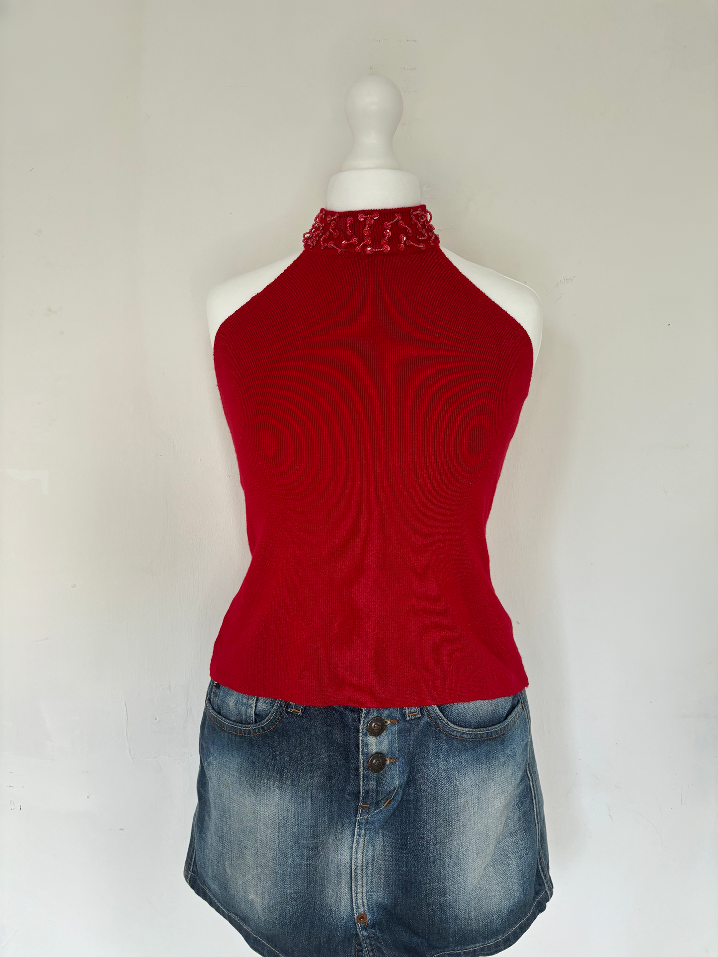 Red High Neck Beaded Top