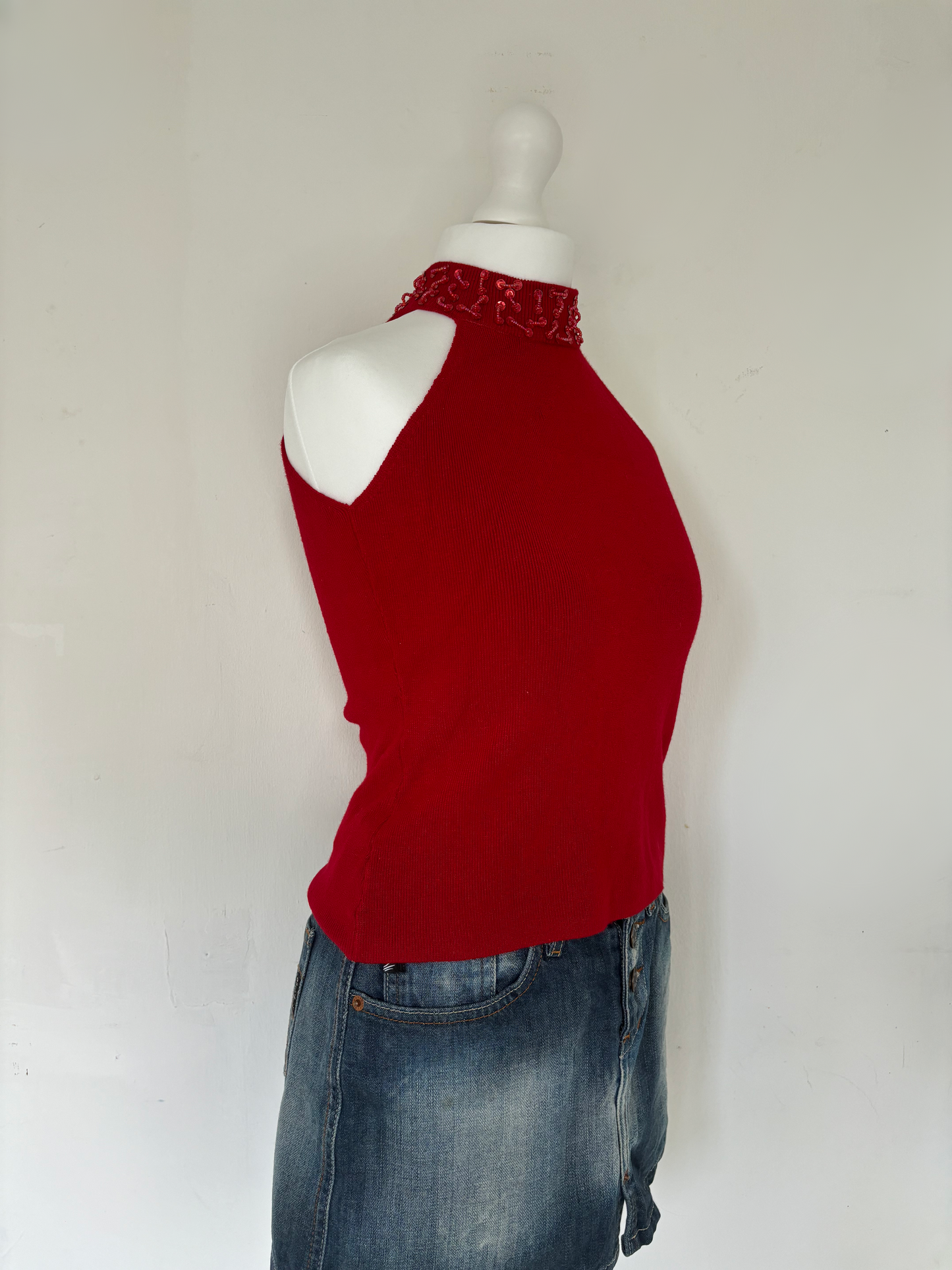 Red High Neck Beaded Top